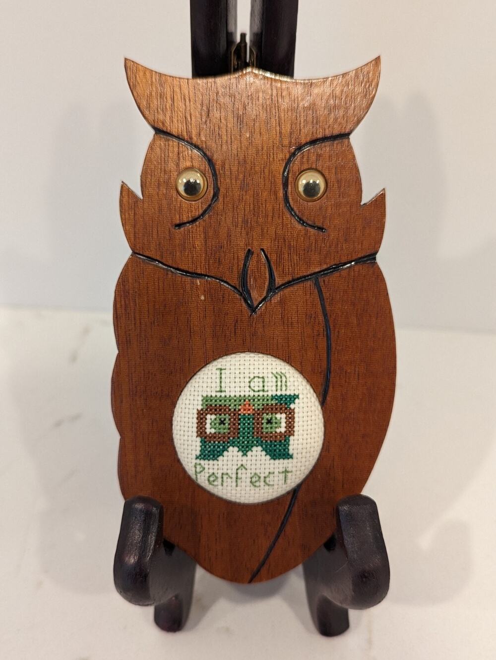Wooden Owl Handmade Cross Stitch "I Am Perfect" Wall Hanging